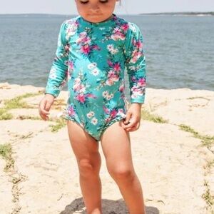 Ruffle Butts Aqua Floral Kids Rashguard